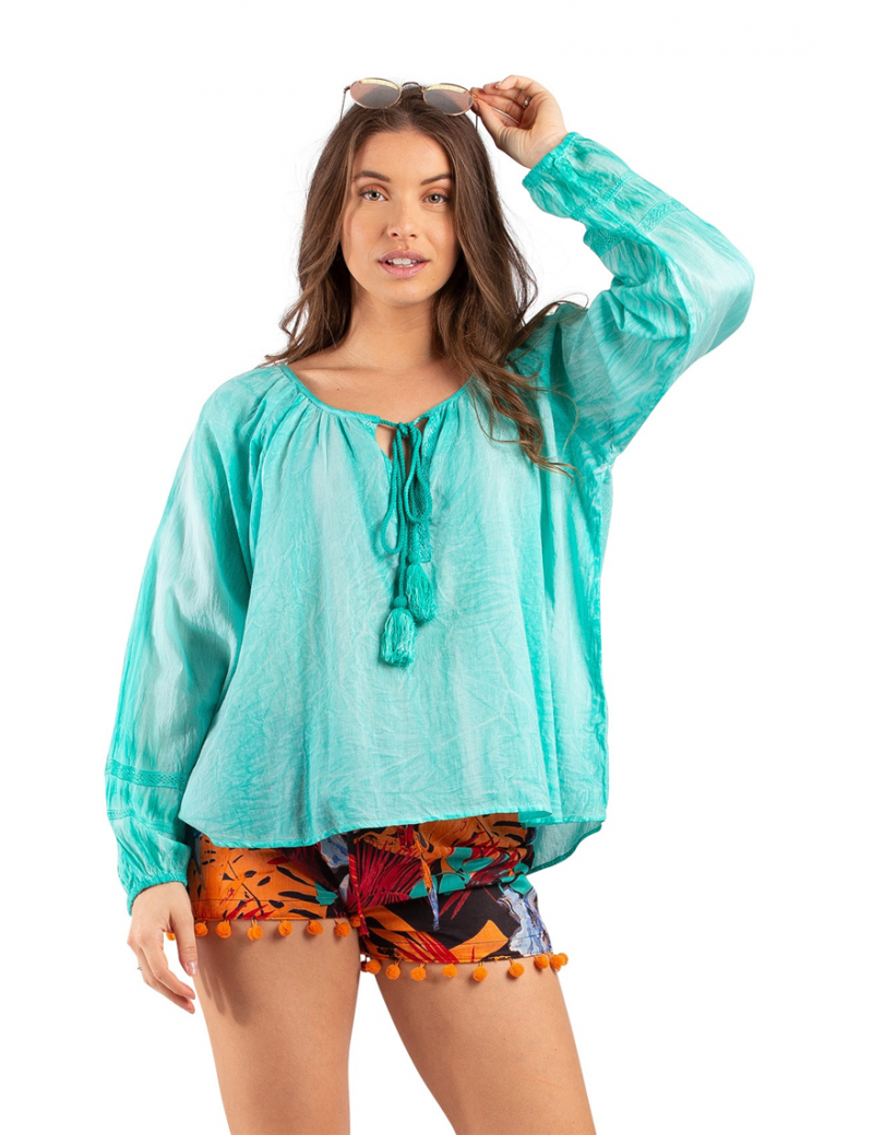 Top washed Turquoise cordon pompons, coton, SMLXL