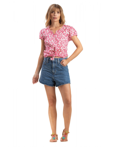 Top "Papillons roses" col rond, boutons, manches courtes, coton SMLXL