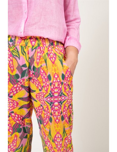 Pantalon "Multico rose vert" taille élastique, 2 poches, coton (S,M,L,XL)