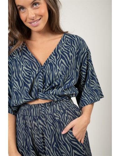 Top "Zebra taupe/navy"col V,manch courtes larges,noeud taille,viscose SMLXL