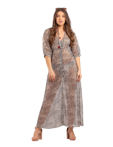 Robe longue "taupe/or" manches 3/4, boutons, polyester (S,M,L,XL)