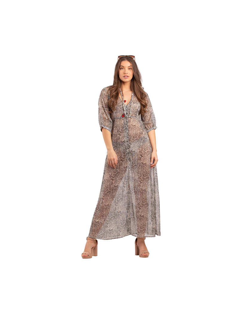 Robe longue "taupe/or" manches 3/4, boutons, polyester (S,M,L,XL)