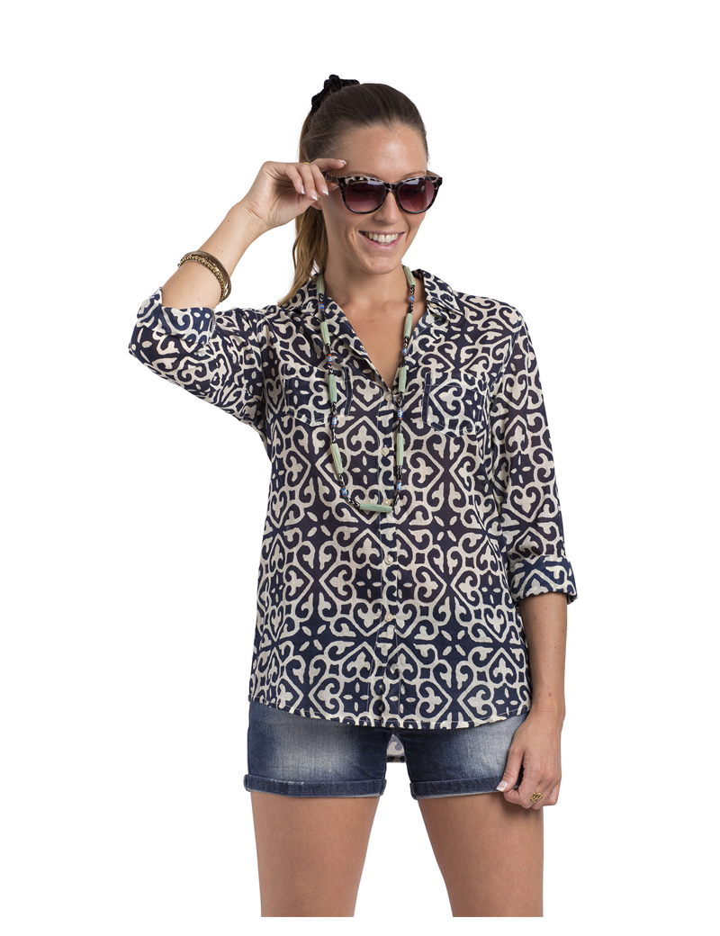 Chemisier "Irene Navy", manches longues, 2 poches, coton,  (S,M,L,XL)