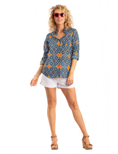 Chemisier "Cathare Marine" , manches longues, 2 poches, coton,  (S,M,L,XL)