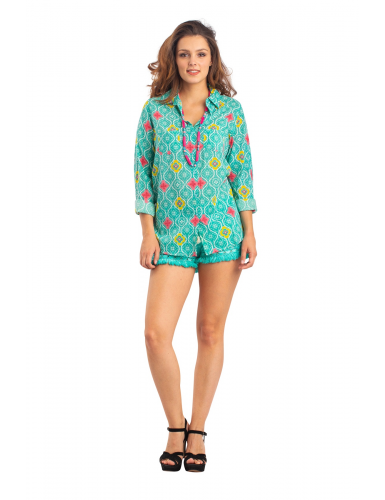 Chemisier "Cathare Turquoise" , manches longues, 2 poches, coton,  (S,M,L,XL)