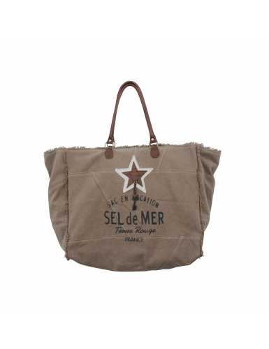 Sac XL toile beige dulce "Sel de Mer" anses et étoile cuir,frangé (52x42x24cm)