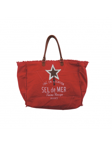 Sac XL toile rouge pimenté"Sel de Mer" anses et étoile cuir,frangé (52x42x24cm)