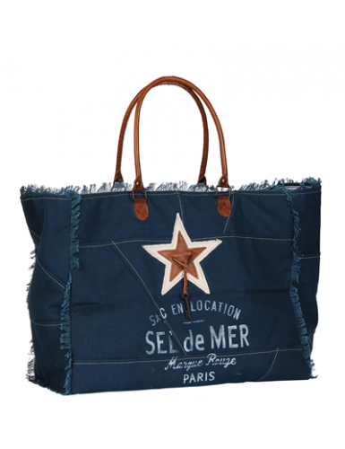 Sac XL toile Bleu Marine Sel de Mer anses et étoile cuir, frangé, zip (50x39x24)