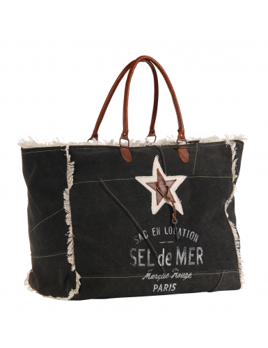 Sac XL toile Noir Sel de Mer, anses cuir, franges, zip (52*42 cm)