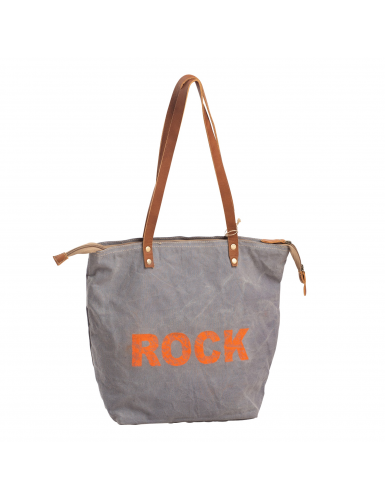 Sac M gris "Rock",anses plates cuires,zip, coton 45x36
