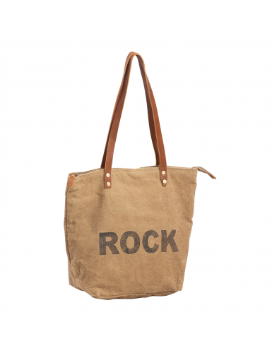Sac M taupe "Rock",anses plates cuires,zip, coton 45x36