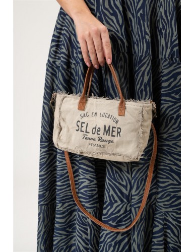 Sac cabas de plage XL couleur tabac imprimé Sel de mer anses cuir