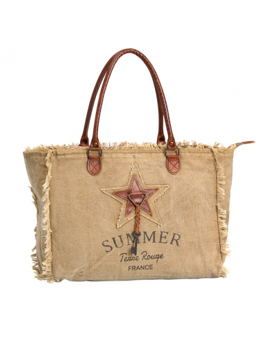 Sac "Summer" tabac , bords frangés, étoile et clef, anses cuir, zip(39x30x15)