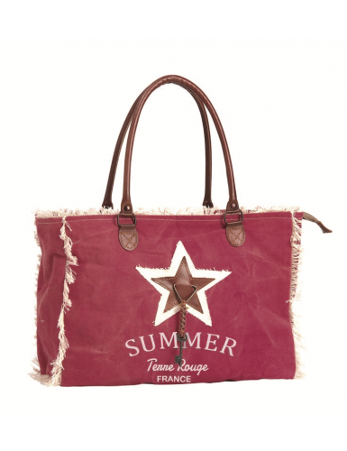Sac "Summer" Fushia, bords frangés, étoile et clef, anses cuir, zip(39x30x15)