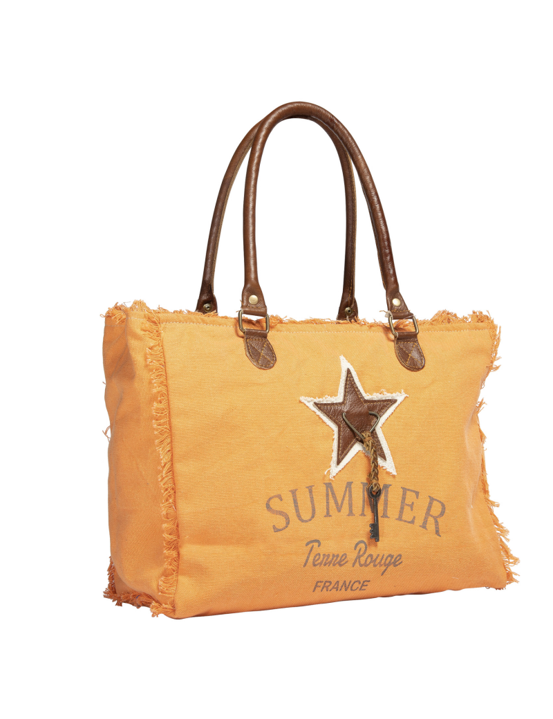 Sac "Summer" orange, bords frangés, étoile et clef, anses cuir, zip(39x30x15)