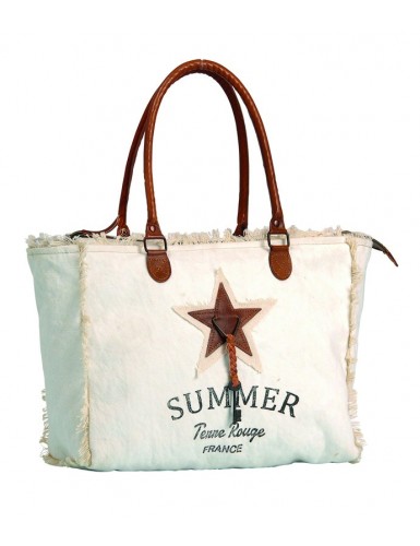 Sac "summer" blanc, bords frangés, étoile et clef, anses cuir, zip(39x30x15)