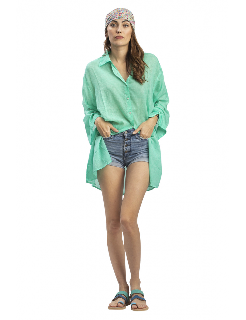Chemise ample washed aqua,boutons,manches longues larges, coton SMLXL