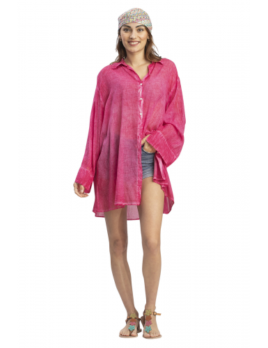 Chemise ample washed fuschia,boutons,manches longues larges, coton SMLXL