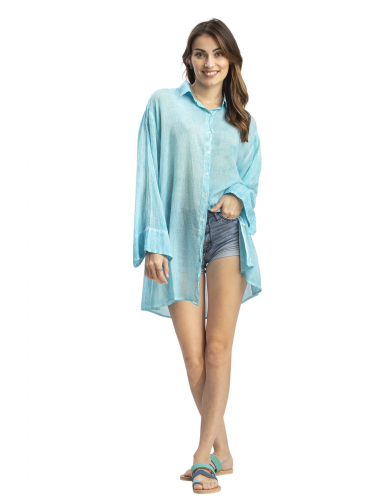 Chemise ample washed ciel,boutons,manches longues larges, coton SMLXL