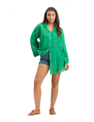 Chemise ample washed "Vert Guacamole",boutons,manches longues larges,coton SMLXL