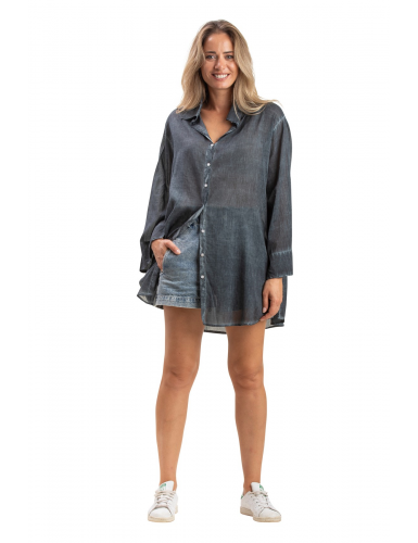 Chemise ample washed "Noir", boutons, manches longues larges, coton SMLXL