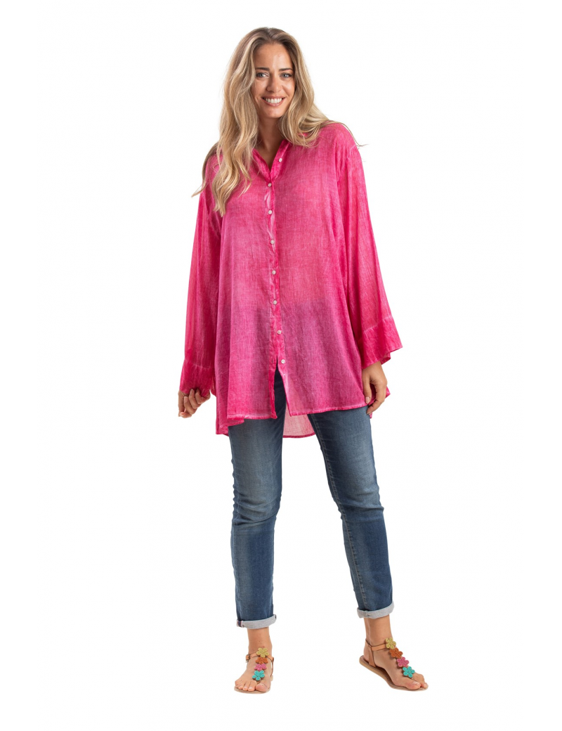 Chemise ample washed "Fuschia sombrero", boutons, manches L larges,coton, SMLXL