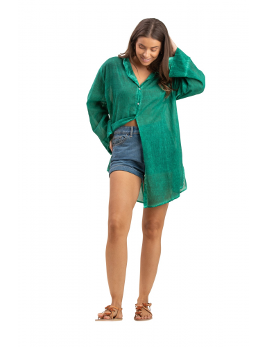Chemise ample washed "Vert Cactus", boutons, manches longues larges, coton SMLXL