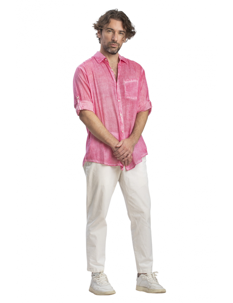 Chemisier homme washed rose, manches longues, 1 poche, coton, (S,M,L,XL)