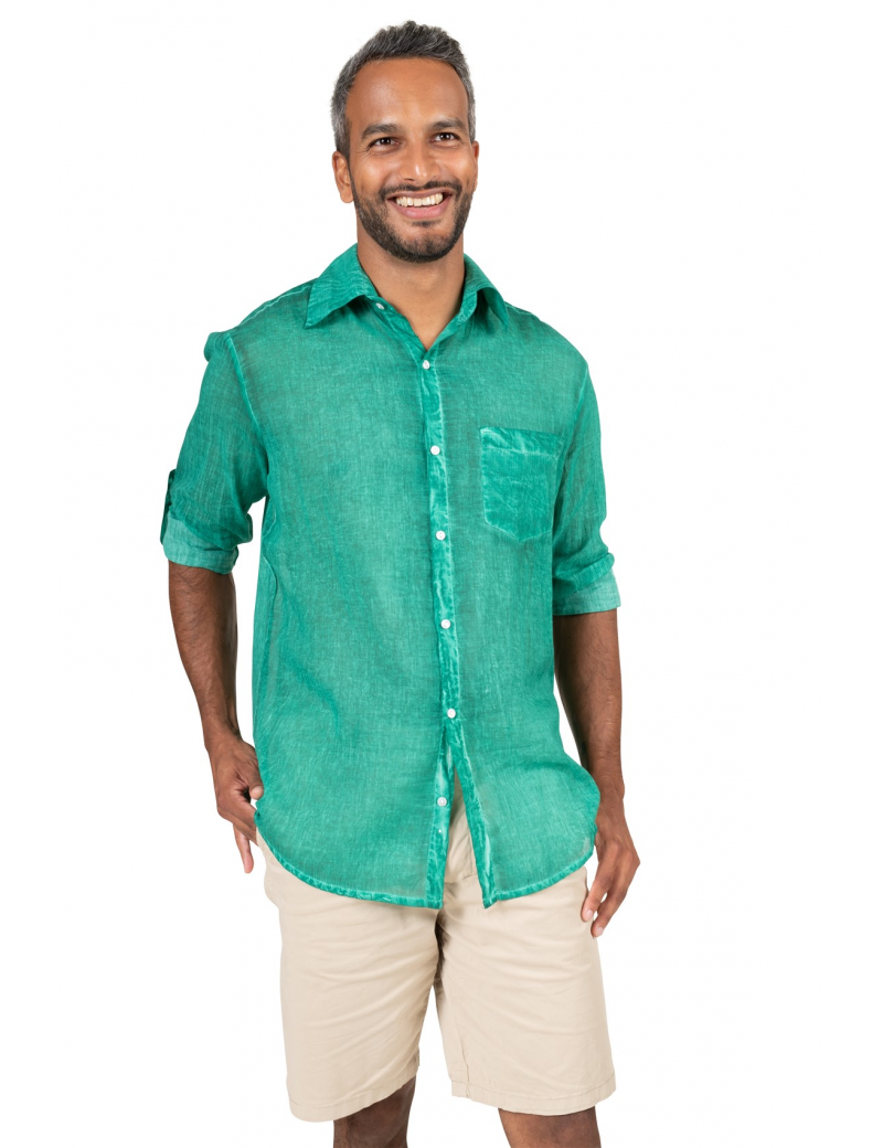 Chemisier homme washed "Vert Cactus", manches longues, 1 poche, coton, SMLXL