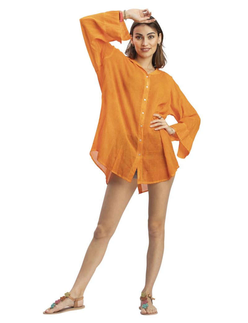 Chemise ample " washed orange" ,boutonnage avant/faux arrière,base droite