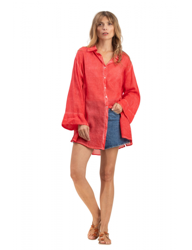 Chemise ample washed rouge,boutonnage avant/faux arrière,base droite