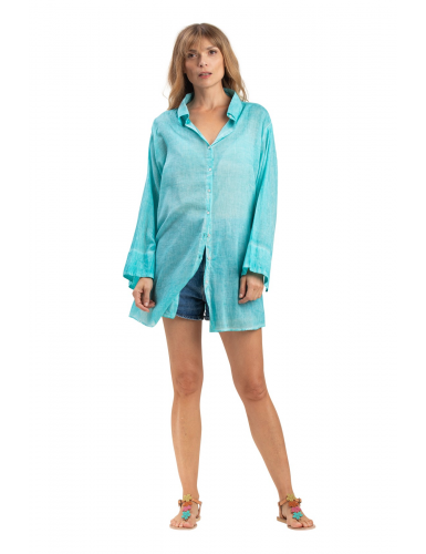 Chemise ample washed "Bleu Caraibes",boutonnage avant/faux arrière, base droite