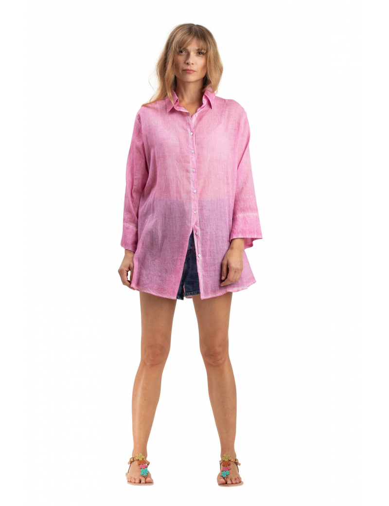 Chemise ample washed "Rose maracas", boutonnage avant/faux arrière, base droite