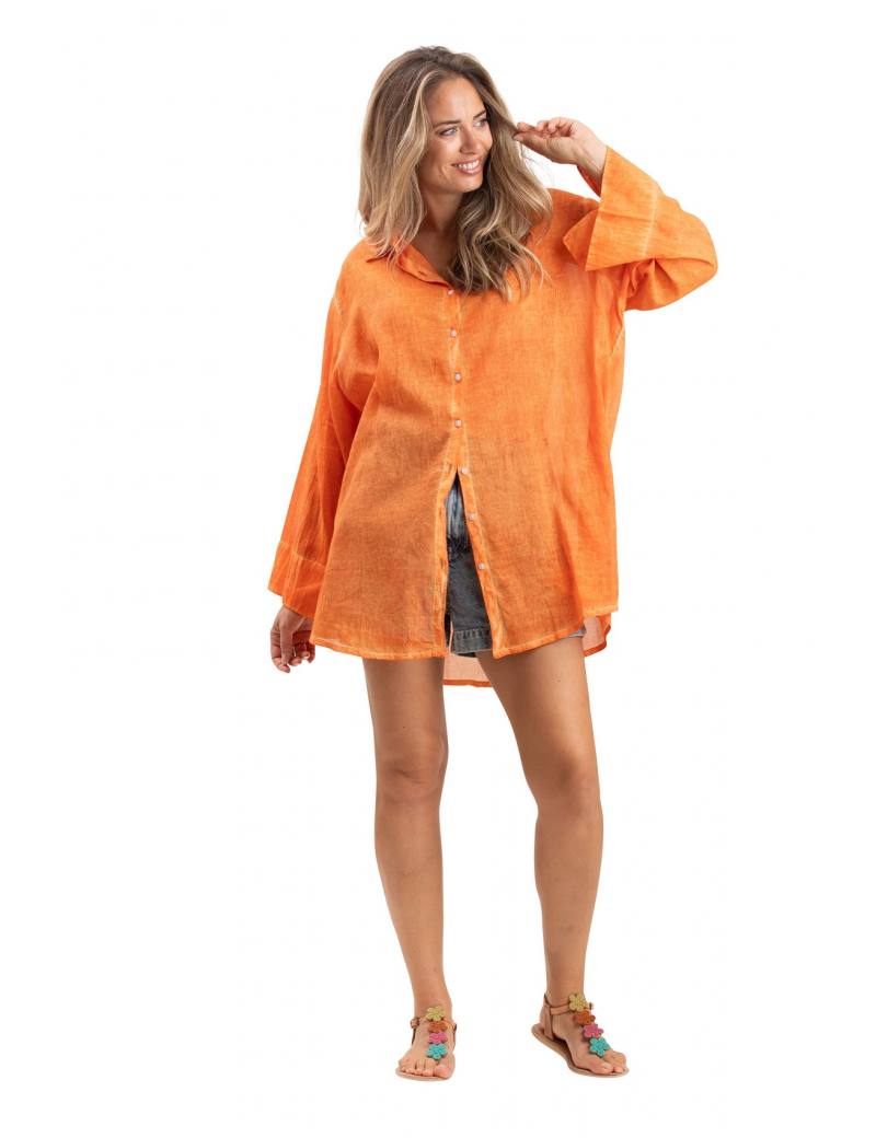 Chemise ample washed"Orange crepuscule"boutonnage avant/faux arrière,base droite