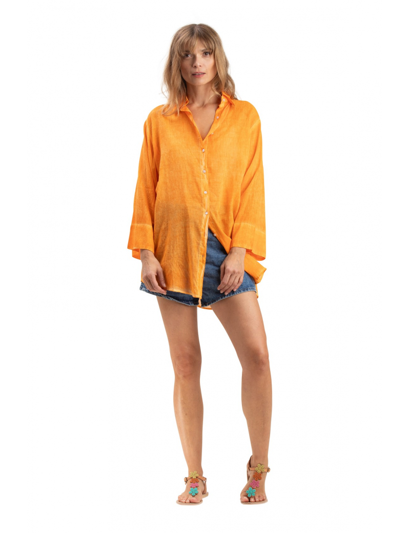 Chemise ample washed "Orange Pinata", boutonnage avant/faux arrière, base droite