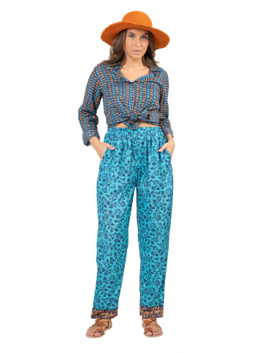 Pantalon "Floral Bleu Caraibes" taille elastique, poches cotés polyester, SMLXL
