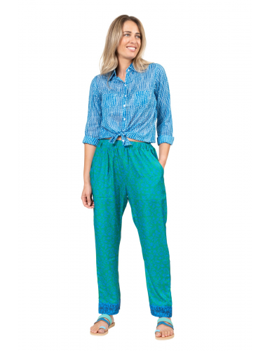 Pantalon "Floral Vert Cactus" taille elastique, poches cotés polyester, SMLXL