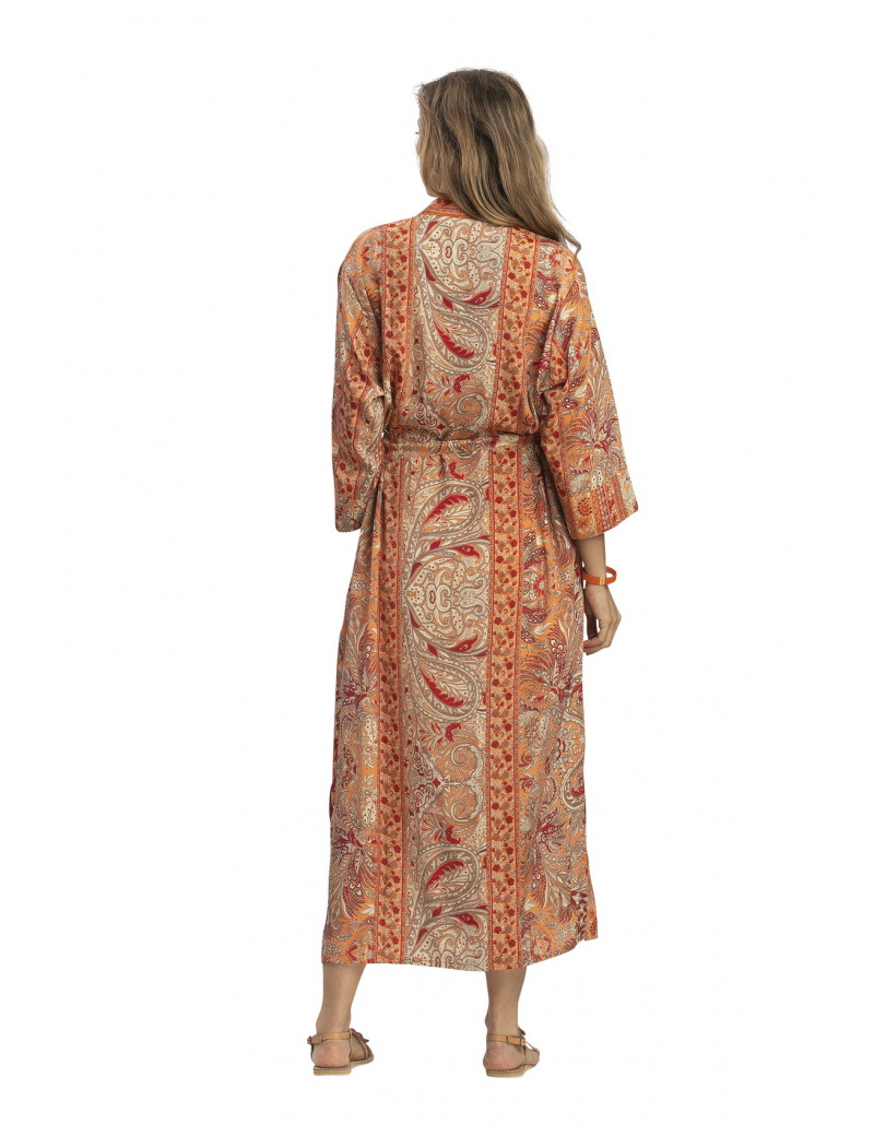 Kimono long "Indie orange",2 poches, fentes cotés,ceinture, viscose TU