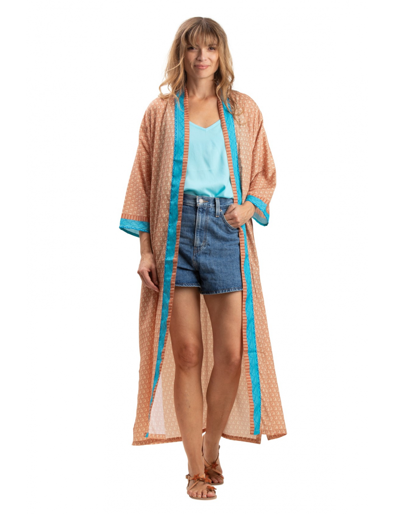 Kimono long "Vagues Beige Dulce", 2 poches, fentes cotés, ceinture, polyester TU