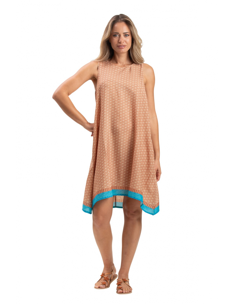 Robe courte"Vagues beige dulce" sans manches, col rond,polyester,SMLXL