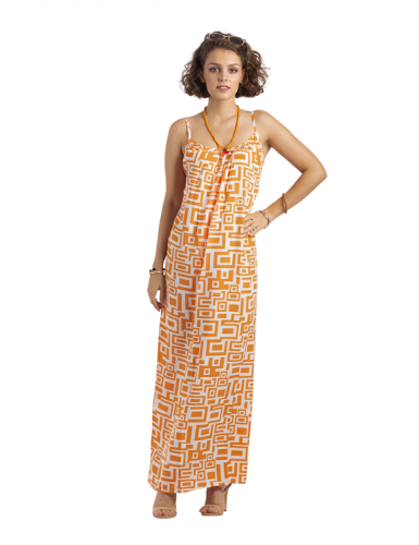 Robe longue "Orange Mécanique" haut arrondi à plis, polyester, (S,M,L,XL)