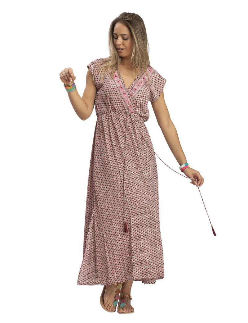 Robe longue "Indiana pink flowers"coeur croisé,elastiq taille,mc polyester SMLXL