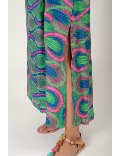 Robe longue"Cactus rose et vert"coeur croisé,elastique taille,mc polyester SMLXL