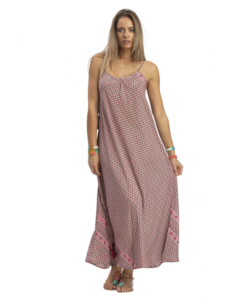 Robe longue "Indiana flowers pink" fines bretelles, lien taille, polyester SMLXL