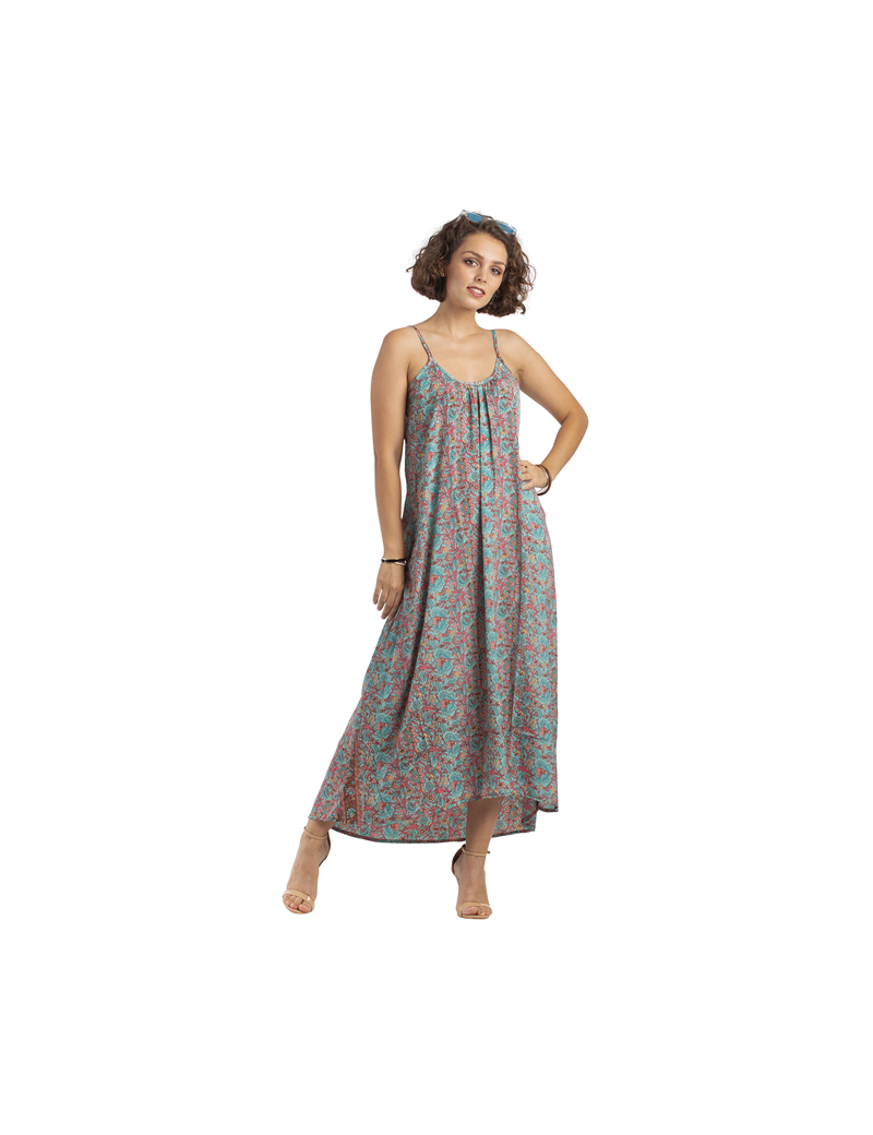 Robe longue "Turquoise Rose", col, fines bretelles, ouvert dos, polyester