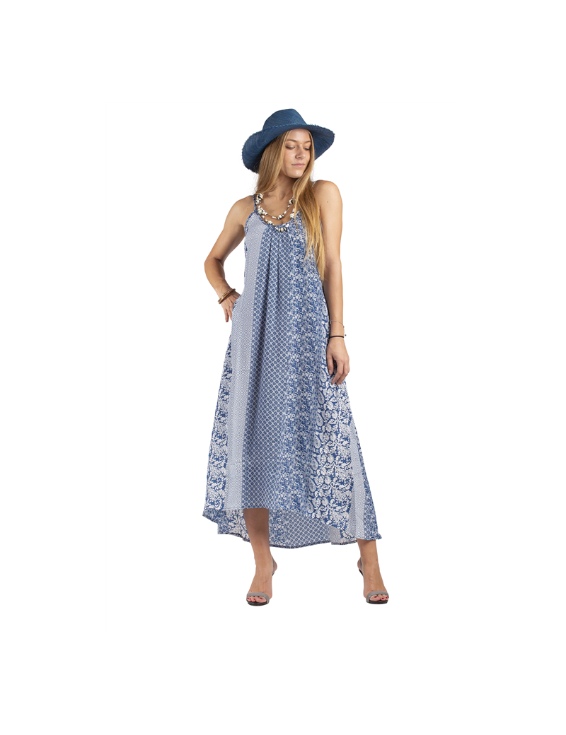 Robe longue "Blue patch", col, fines bretelles, ouvert dos, polyester