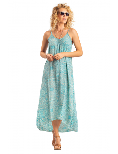 Robe longue "Indiana turquoise", col, fines bretelles, ouvert dos, polyester