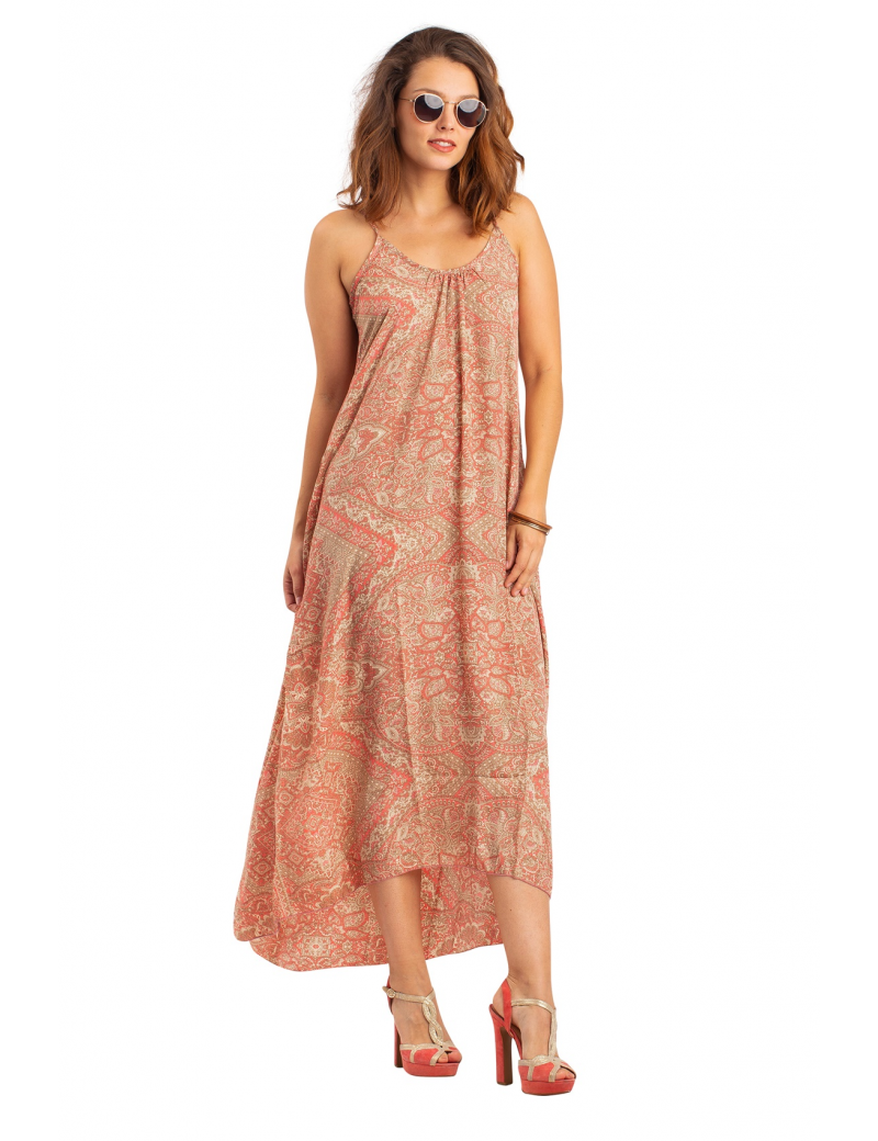 Robe longue "Indiana vieux rose", col, fines bretelles, ouvert dos, polyester