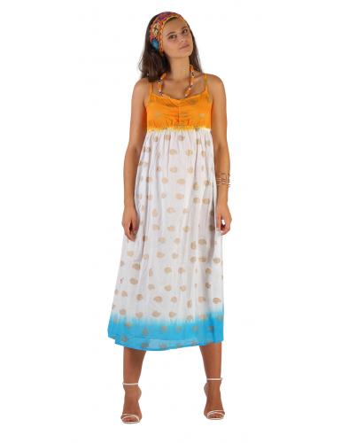 Robe longue coton Coquillages Or, TieDye Orange/Turquoise, froncée, MLXL