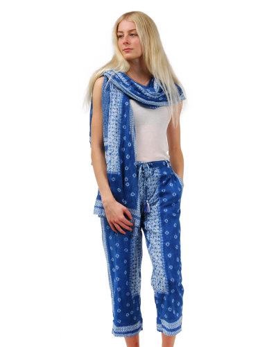 Pantalon large Bleu,lien taille,motifs géométriques blanc,poches surpiquées